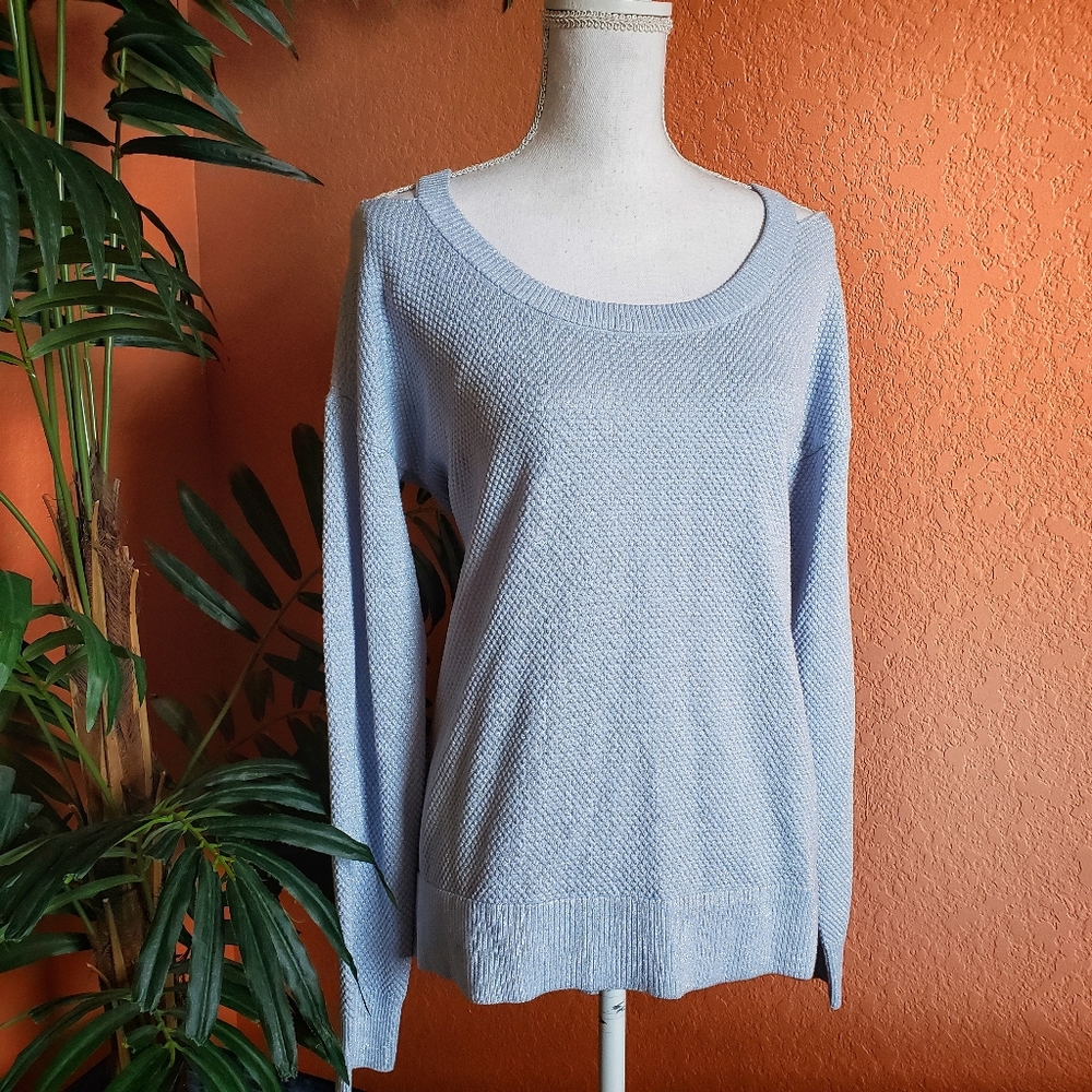 Michael Kors Cold Shoulder Sweater Ice Blue Silver Large Metallic Cinderella